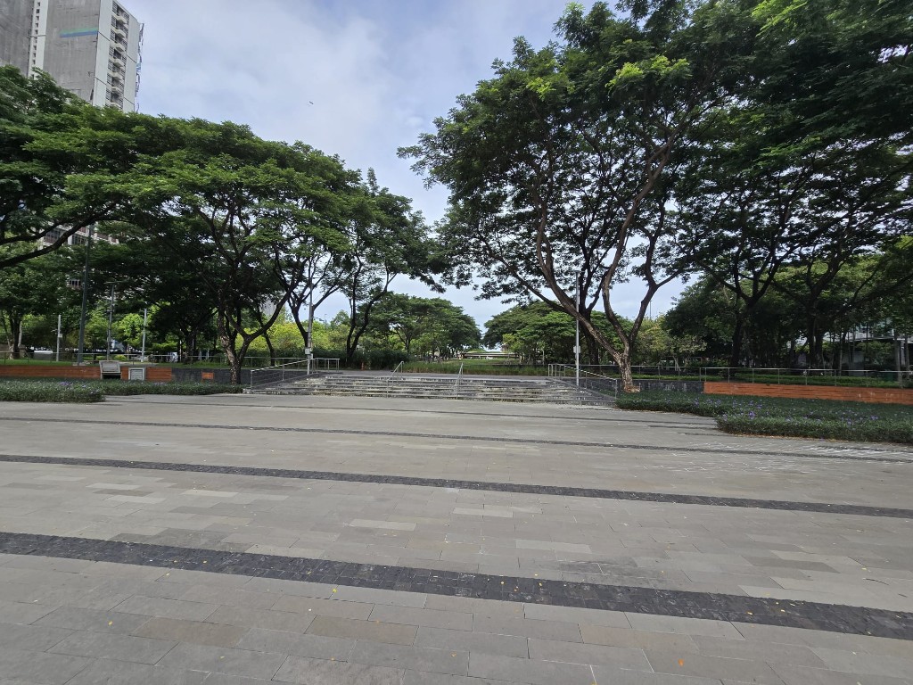 Open paved plaza with shallow steps and large shade trees