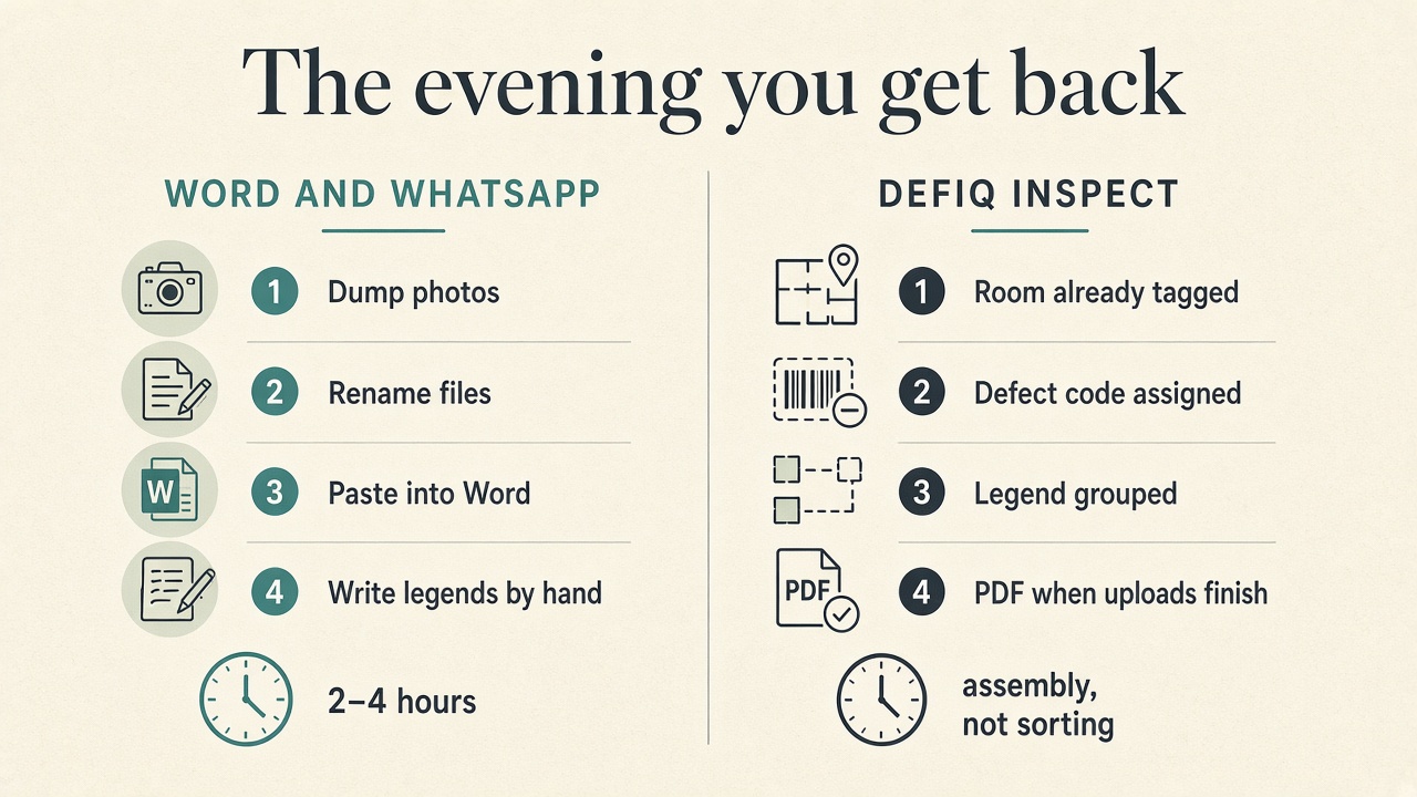 Diagram titled The evening you get back, comparing Word and WhatsApp steps that take 2 to 4 hours with Defiq Inspect steps that are assembly rather than sorting